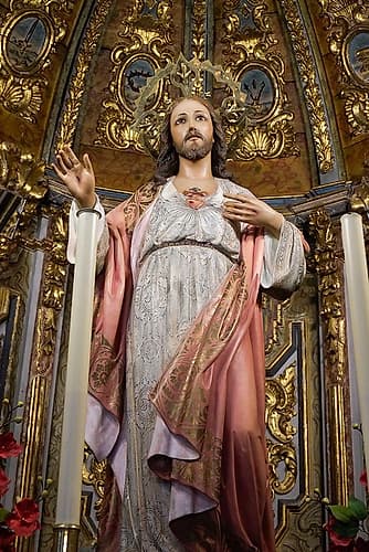 Marbella, Spain. Statue of Jesus on a gilded altar inside an ancient Spanish church. Architecture Print